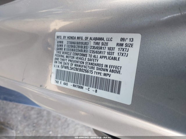 45061843 :رقم المزاد ، 5FNRL5H28EB026615 vin ، 2014 Honda Odyssey Lx مزاد بيع