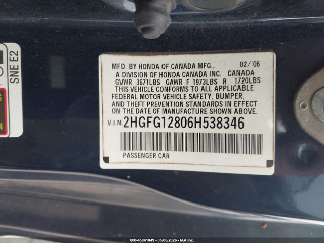 Продажа на аукционе авто 2006 Honda Civic Ex, vin: 2HGFG12806H538346, номер лота: 45061849