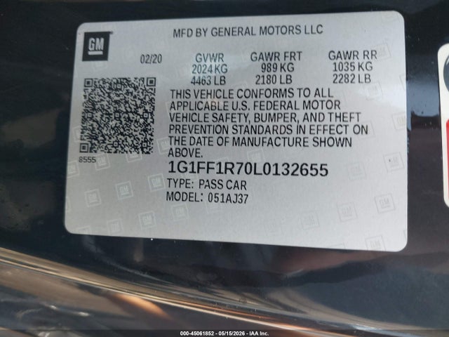 45061852 :رقم المزاد ، 1G1FF1R70L0132655 vin ، 2020 Chevrolet Camaro Rwd  Lt1 مزاد بيع