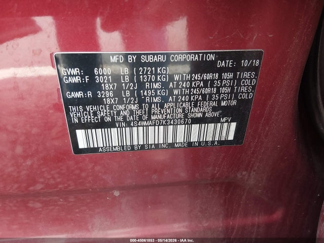 45061853 :رقم المزاد ، 4S4WMAFD7K3430670 vin ، 2019 Subaru Ascent Premium مزاد بيع