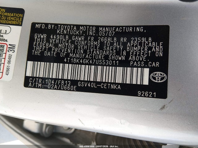 2007 Toyota Camry Le V6 მანქანა იყიდება აუქციონზე, vin: 4T1BK46K47U553011, აუქციონის ნომერი: 45061858