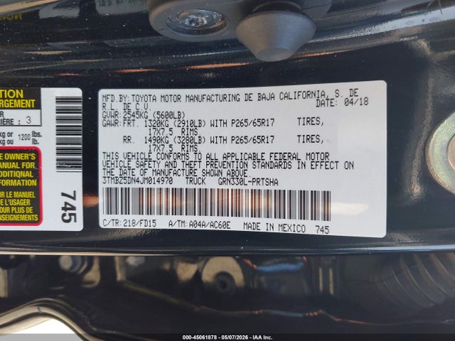 2018 Toyota Tacoma Trd Sport მანქანა იყიდება აუქციონზე, vin: 3TMBZ5DN4JM014970, აუქციონის ნომერი: 45061878