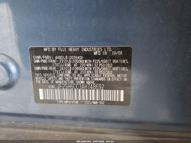 45061883 :رقم المزاد ، JF2SH6CC3AH748692 vin ، 2010 Subaru Forester 2.5x Premium مزاد بيع