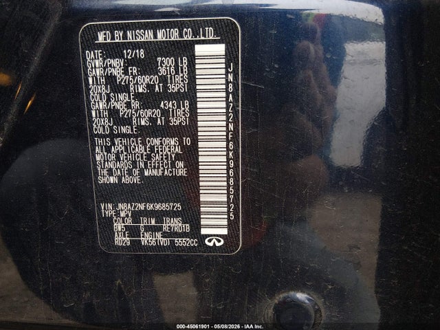 45061901 :رقم المزاد ، JN8AZ2NF6K9685725 vin ، 2019 Infiniti Qx80 Luxe مزاد بيع