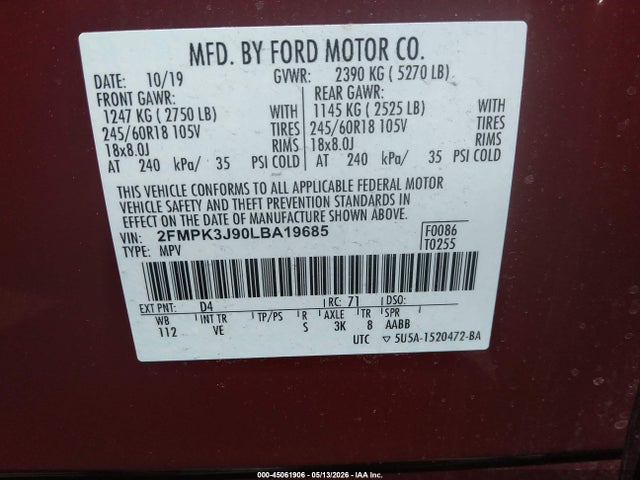 Продаж на аукціоні авто 2020 Ford Edge Sel, vin: 2FMPK3J90LBA19685, номер лоту: 45061906