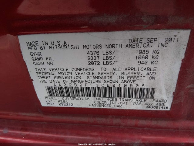 Продаж на аукціоні авто 2012 Mitsubishi Galant Fe, vin: 4A32B2FF3CE010908, номер лоту: 45061912