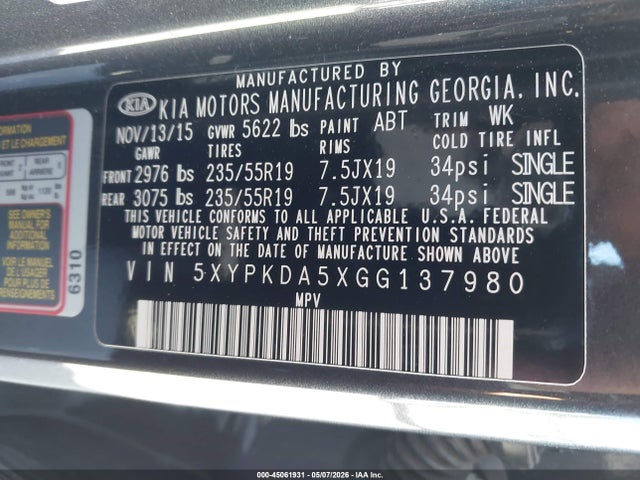 5XYPKDA5XGG137980 KIA Sorento 3.3l Sxl