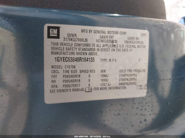 Aukcja sprzedaży 2008 Cadillac Escalade Standard, vin: 1GYEC63848R184135, numer aukcji: 45061940