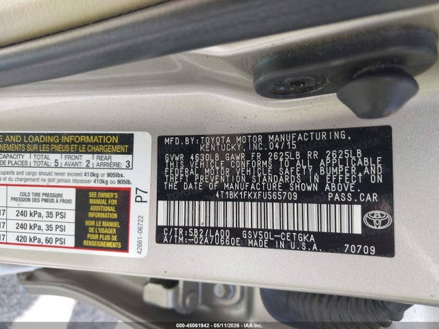 2015 Toyota Camry Xle V6 მანქანა იყიდება აუქციონზე, vin: 4T1BK1FKXFU565709, აუქციონის ნომერი: 45061942