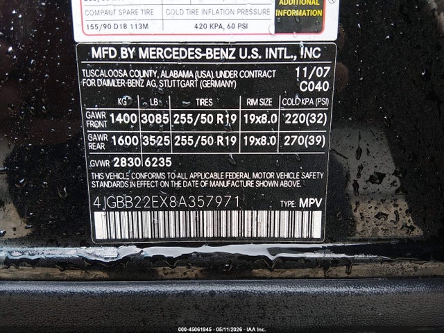 Продажа на аукционе авто 2008 Mercedes-benz Ml 320 Cdi 4matic, vin: 4JGBB22EX8A357971, номер лота: 45061945