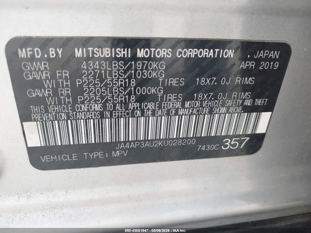 Aukcja sprzedaży 2019 Mitsubishi Outlander Sport 2.0 Es, vin: JA4AP3AU2KU028200, numer aukcji: 45061947