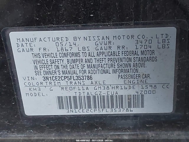 Продаж на аукціоні авто 2015 Nissan Versa Note Sr, vin: 3N1CE2CP5FL353786, номер лоту: 45061952