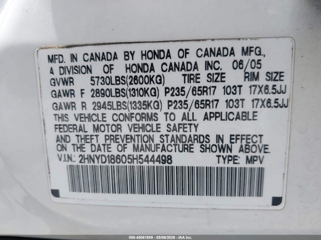 45061959 :رقم المزاد ، 2HNYD18605H544498 vin ، 2005 Acura Mdx مزاد بيع
