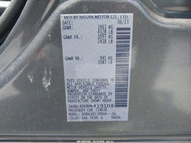 45061962 :رقم المزاد ، 1N4BL4DV9PN419108 vin ، 2023 Nissan Altima Sv Fwd مزاد بيع