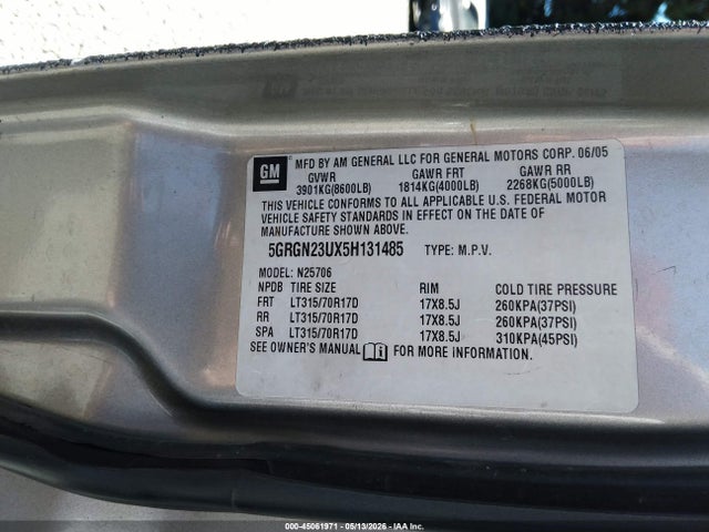 45061971 :رقم المزاد ، 5GRGN23UX5H131485 vin ، 2005 Hummer H2 Suv مزاد بيع