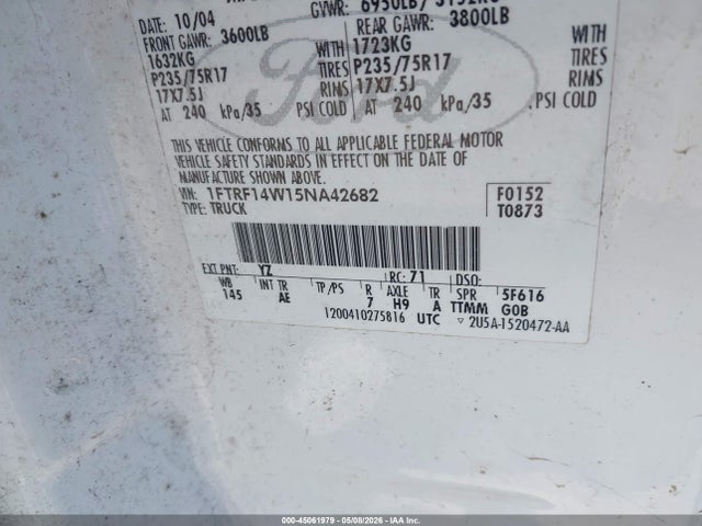 Aukcja sprzedaży 2005 Ford F-150 Stx/xl/xlt, vin: 1FTRF14W15NA42682, numer aukcji: 45061979
