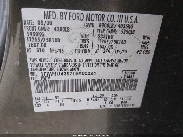 2001 Ford Excursion Limited მანქანა იყიდება აუქციონზე, vin: 1FMNU43S71EA00334, აუქციონის ნომერი: 45061981