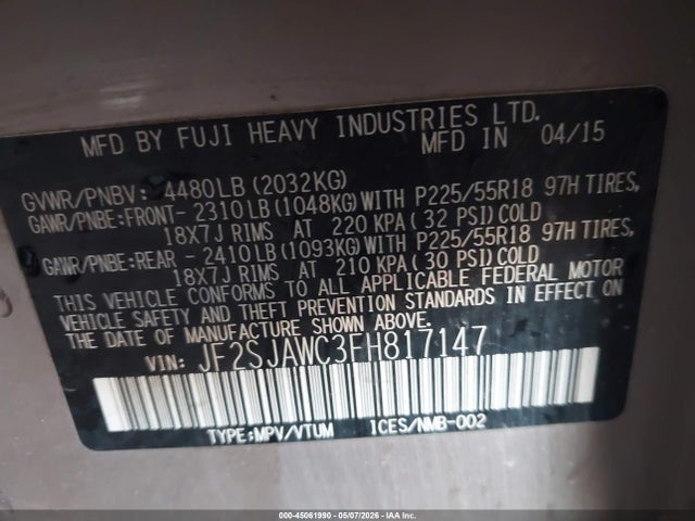 JF2SJAWC3FH817147 Subaru Forester 2.5i Touring