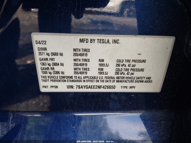 7SAYGAEE2NF426650 Tesla Model Y Long Range Dual Motor All-wheel Drive