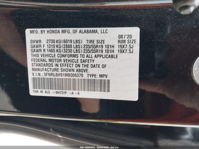 Продажа на аукционе авто 2021 Honda Odyssey Elite, vin: 5FNRL6H91MB006370, номер лота: 45062003