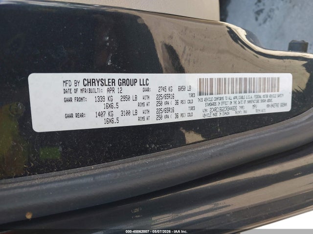 2012 Chrysler Town & Country Touring მანქანა იყიდება აუქციონზე, vin: 2C4RC1BG2CR344826, აუქციონის ნომერი: 45062007