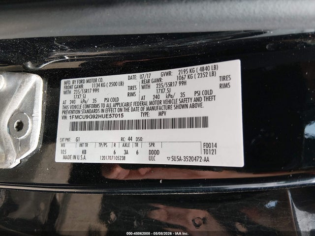 Продажа на аукционе авто 2017 Ford Escape Se, vin: 1FMCU9G92HUE57015, номер лота: 45062008