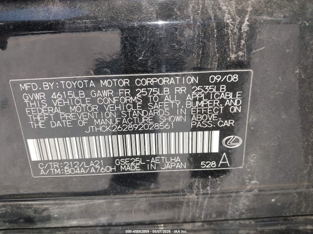 Продажа на аукционе авто 2009 Lexus Is 250, vin: JTHCK262892028561, номер лота: 45062009