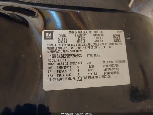 Продаж на аукціоні авто 2011 Chevrolet Tahoe Lt, vin: 1GNSKBE09BR258627, номер лоту: 45062010
