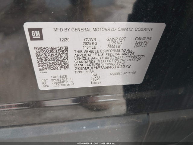 Продаж на аукціоні авто 2021 Chevrolet Equinox Fwd Ls, vin: 2GNAXHEV5M6141072, номер лоту: 45062014