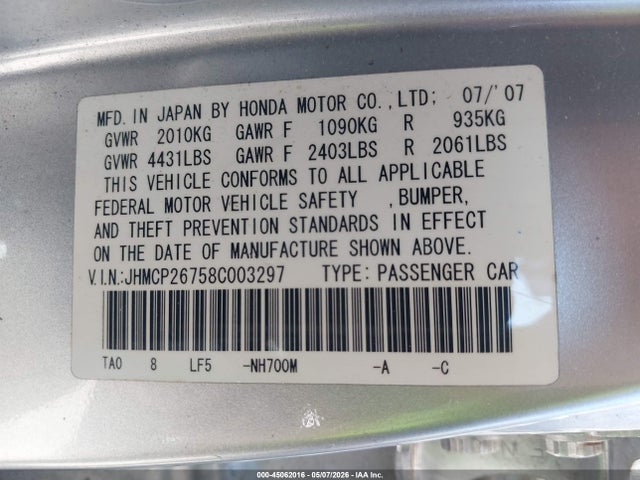 Aukcja sprzedaży 2008 Honda Accord 2.4 Ex, vin: JHMCP26758C003297, numer aukcji: 45062016