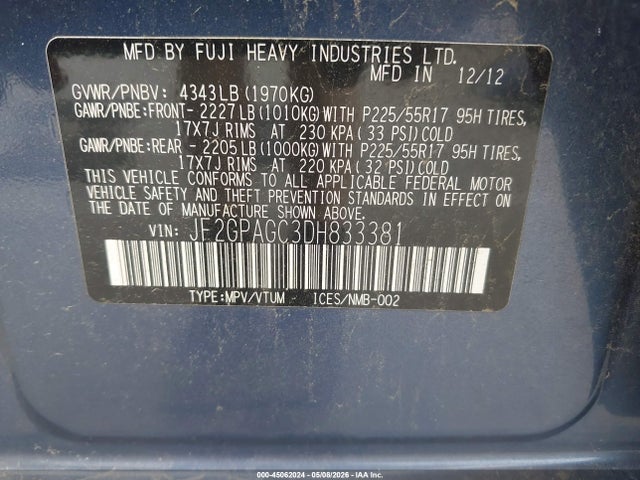 45062024 :رقم المزاد ، JF2GPAGC3DH833381 vin ، 2013 Subaru Xv Crosstrek 2.0i Limited مزاد بيع