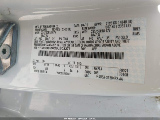 45062031 :رقم المزاد ، 1FMCU9J9XGUB02276 vin ، 2016 Ford Escape Titanium مزاد بيع