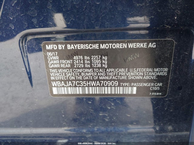 45062044 :رقم المزاد ، WBAJA7C35HWA70909 vin ، 2017 Bmw 530i Xdrive مزاد بيع