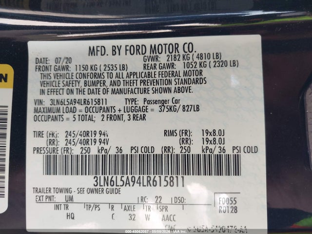 Aukcja sprzedaży 2020 Lincoln Mkz Standard, vin: 3LN6L5A94LR615811, numer aukcji: 45062057
