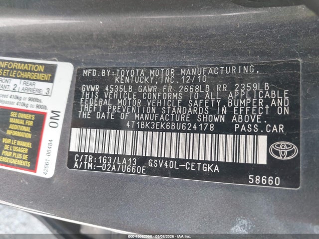 2011 Toyota Camry Xle V6 მანქანა იყიდება აუქციონზე, vin: 4T1BK3EK6BU624178, აუქციონის ნომერი: 45062058