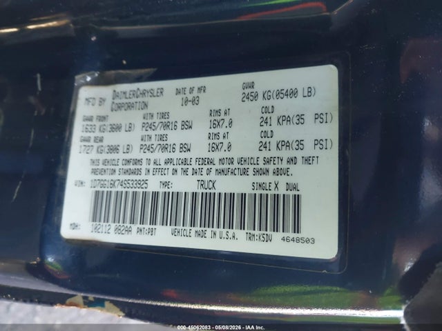 Продаж на аукціоні авто 2004 Dodge Dakota, vin: 1D7GG16K74S533925, номер лоту: 45062083