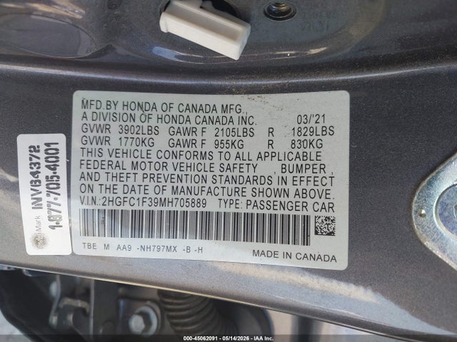 Aukcja sprzedaży 2021 Honda Civic Ex, vin: 2HGFC1F39MH705889, numer aukcji: 45062091