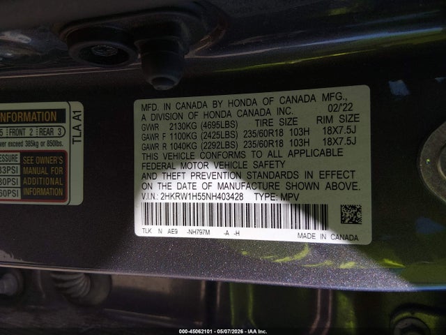 Aukcja sprzedaży 2022 Honda Cr-v 2wd Ex, vin: 2HKRW1H55NH403428, numer aukcji: 45062101