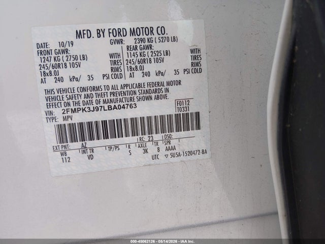 Aukcja sprzedaży 2020 Ford Edge Sel, vin: 2FMPK3J97LBA04763, numer aukcji: 45062126