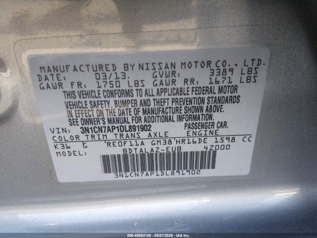 Aukcja sprzedaży 2013 Nissan Versa 1.6 S+, vin: 3N1CN7AP1DL891902, numer aukcji: 45062140