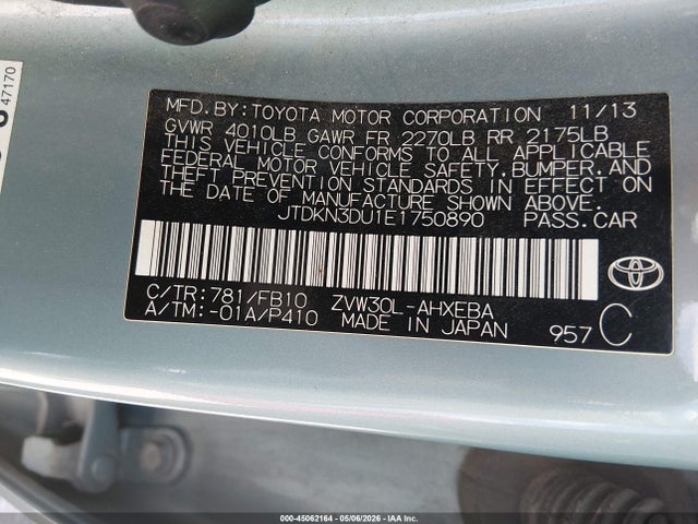 45062164 :رقم المزاد ، JTDKN3DU1E1750890 vin ، 2014 Toyota Prius Two مزاد بيع