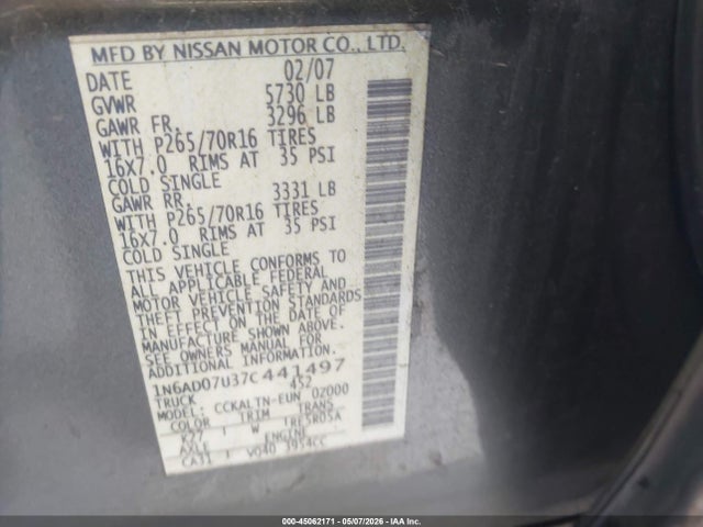 Продажа на аукционе авто 2007 Nissan Frontier Se, vin: 1N6AD07U37C441497, номер лота: 45062171