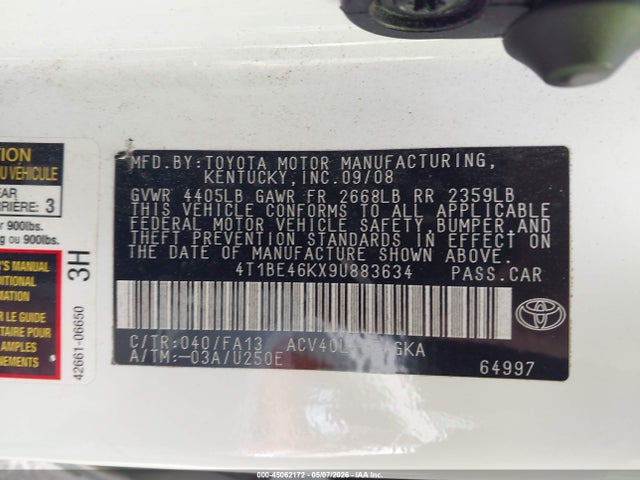 45062172 :رقم المزاد ، 4T1BE46KX9U883634 vin ، 2009 Toyota Camry Xle مزاد بيع