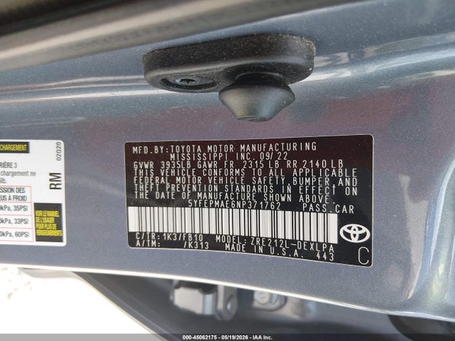 Продажа на аукционе авто 2022 Toyota Corolla Le, vin: 5YFEPMAE6NP371762, номер лота: 45062175