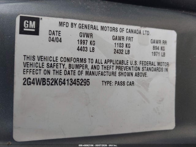 Продажа на аукционе авто 2004 Buick Regal Ls, vin: 2G4WB52K641345295, номер лота: 45062186