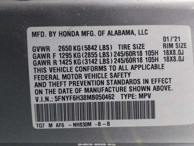 Продажа на аукционе авто 2021 Honda Pilot Awd Ex, vin: 5FNYF6H38MB050462, номер лота: 45062199