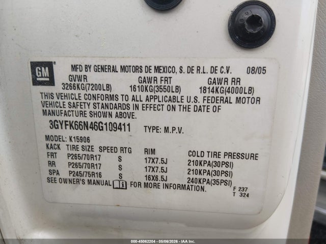 Продажа на аукционе авто 2006 Cadillac Escalade Esv Standard, vin: 3GYFK66N46G109411, номер лота: 45062204