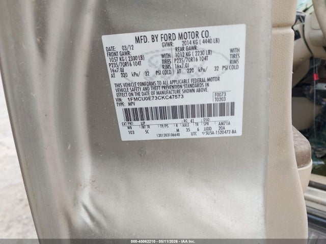 2012 Ford Escape Limited მანქანა იყიდება აუქციონზე, vin: 1FMCU0E73CKC47573, აუქციონის ნომერი: 45062210