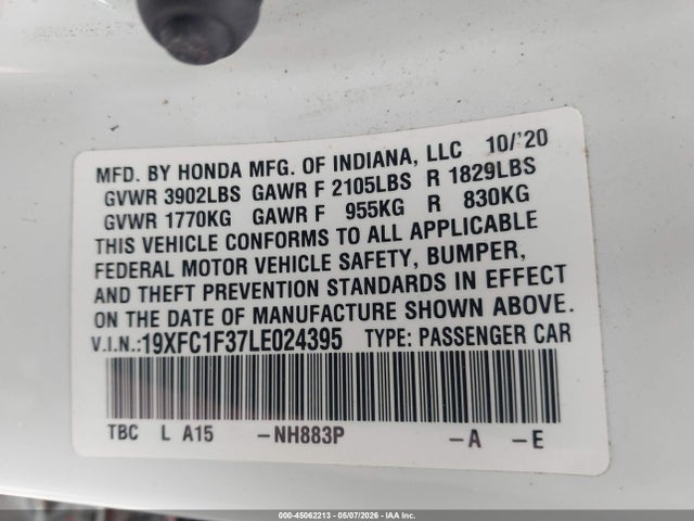 45062213 :رقم المزاد ، 19XFC1F37LE024395 vin ، 2020 Honda Civic Ex مزاد بيع