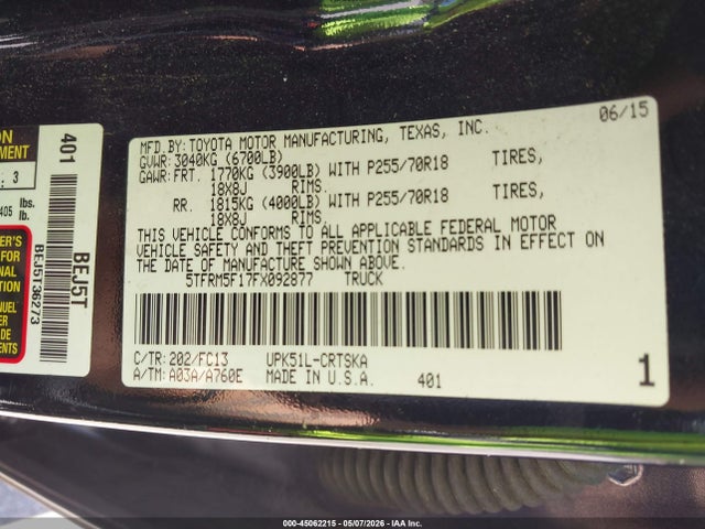 Продаж на аукціоні авто 2015 Toyota Tundra Sr5 4.6l V8, vin: 5TFRM5F17FX092877, номер лоту: 45062215